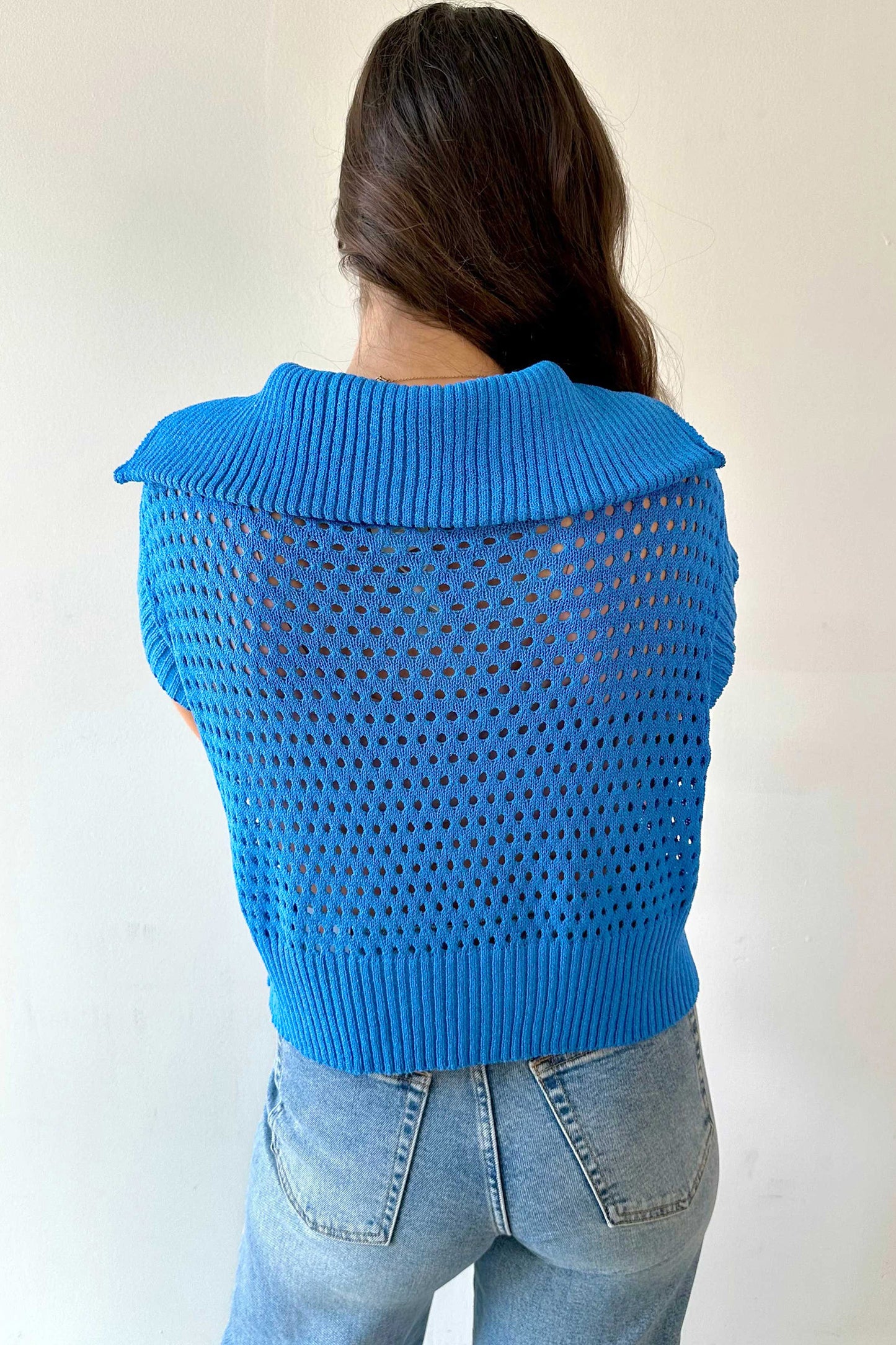 Sky Blue Solid Color Hollowed Knit Short Sleeve Zipper Collar Knitwear Top