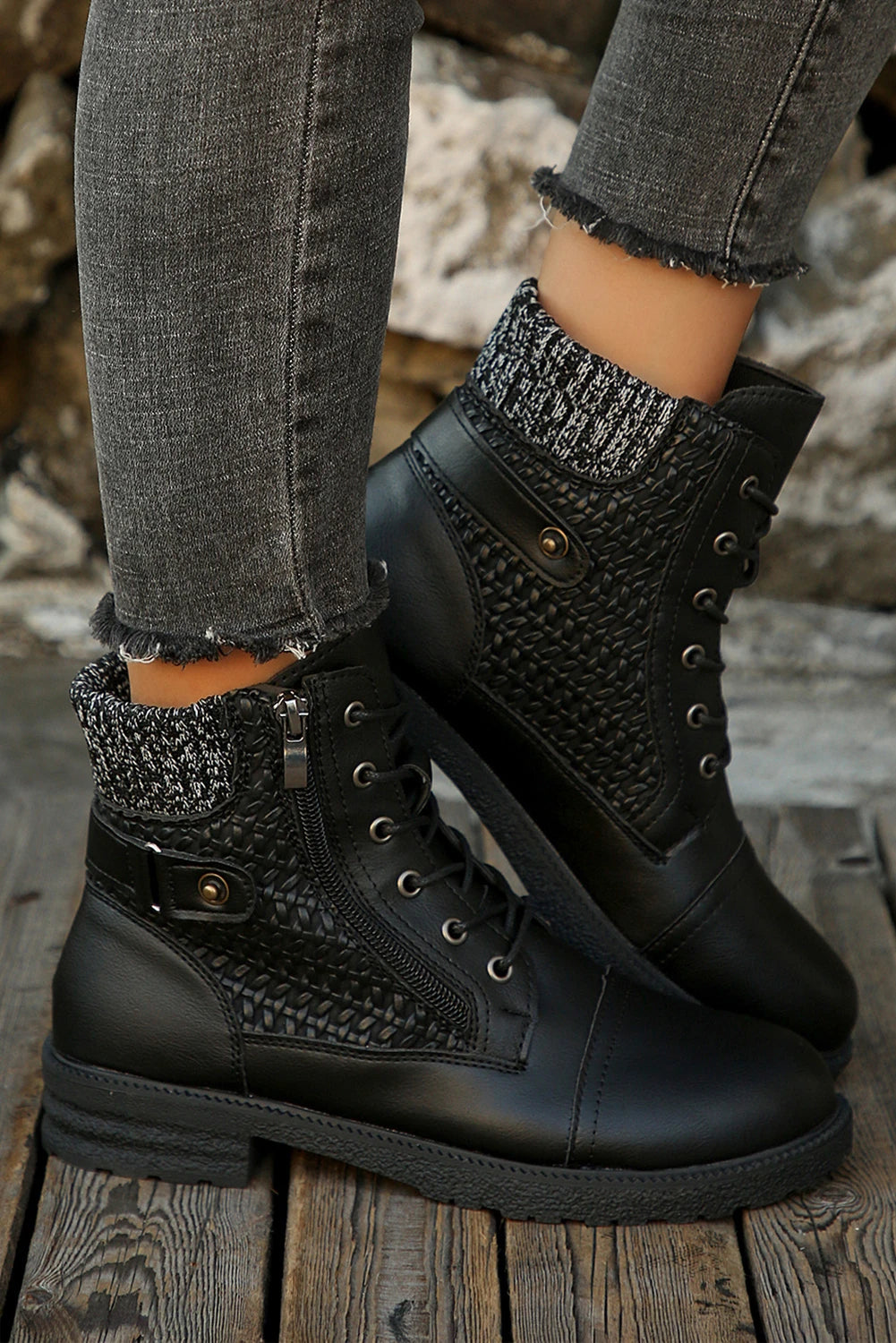 Black Faux Leather Textured Contrast Woven Patchwork Lace-up Martin Boots