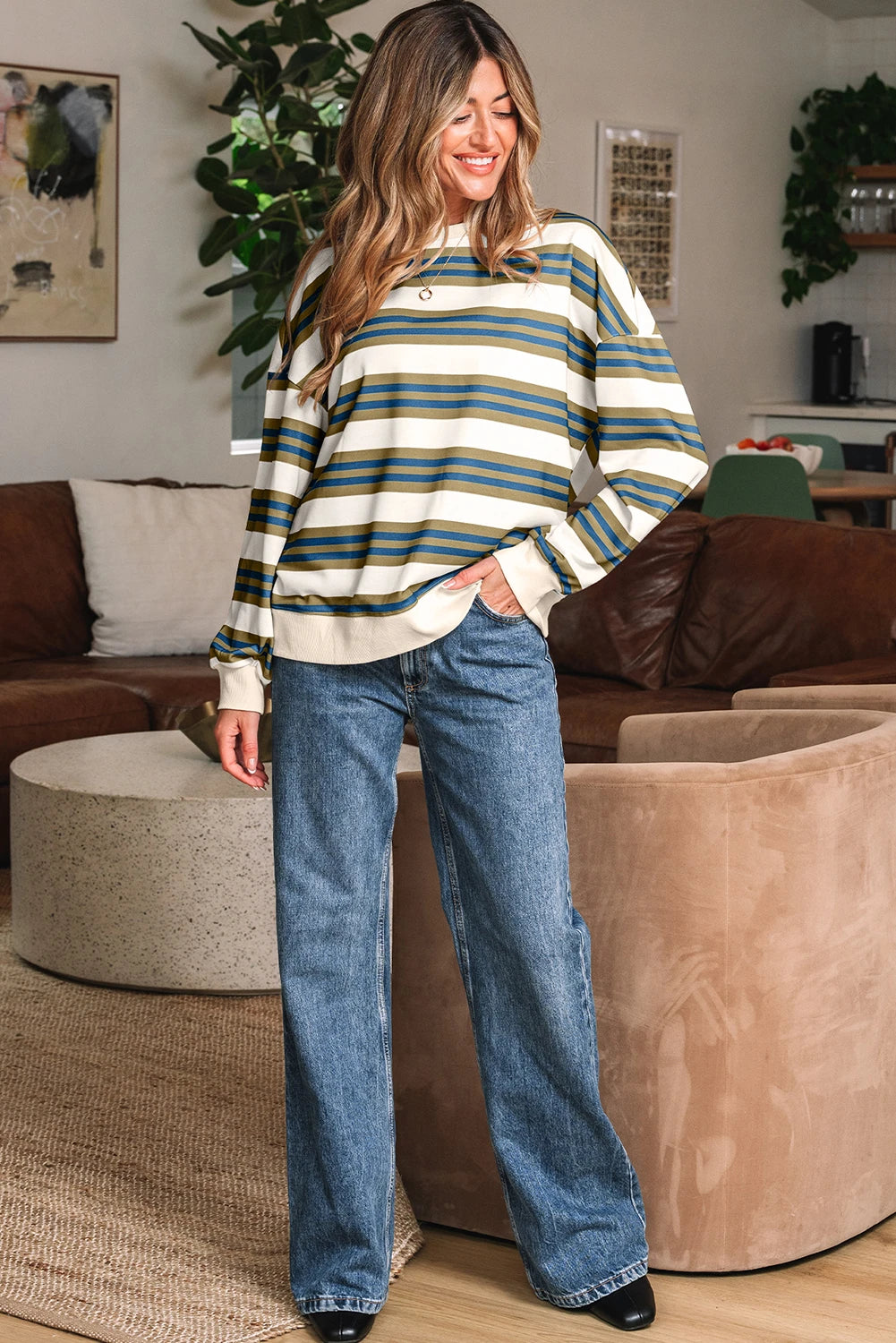 Brown Stripe Crew Neck Drop Shoulder Pullover Sweatshirt