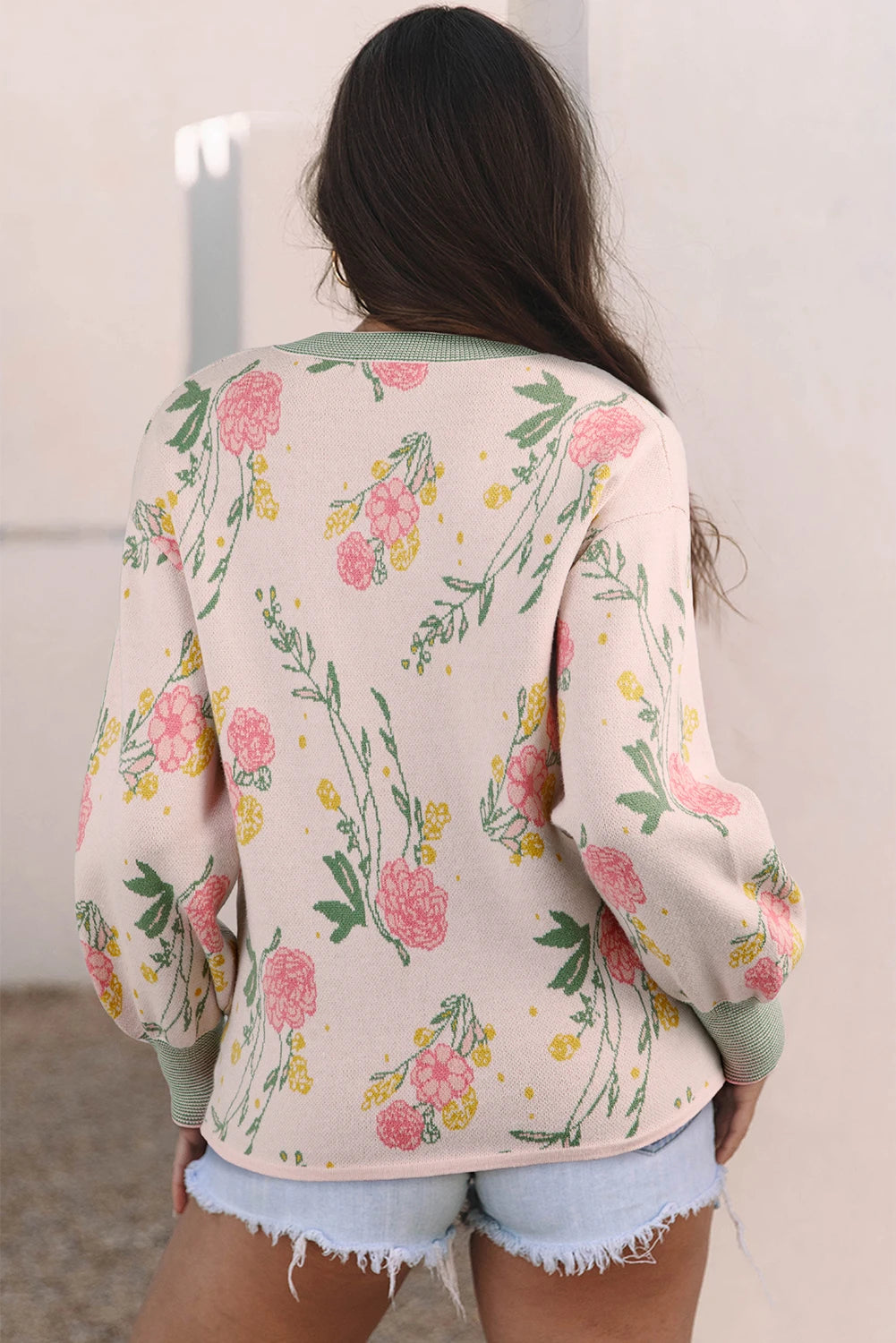 Pink Floral Pattern Striped V Neck Loose Sweater