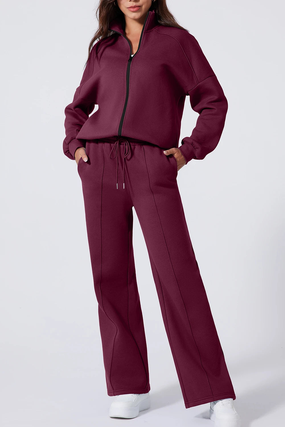 Black Drop Shoulder Zip Up Jacket Drawstring Pants Active 2pcs Set