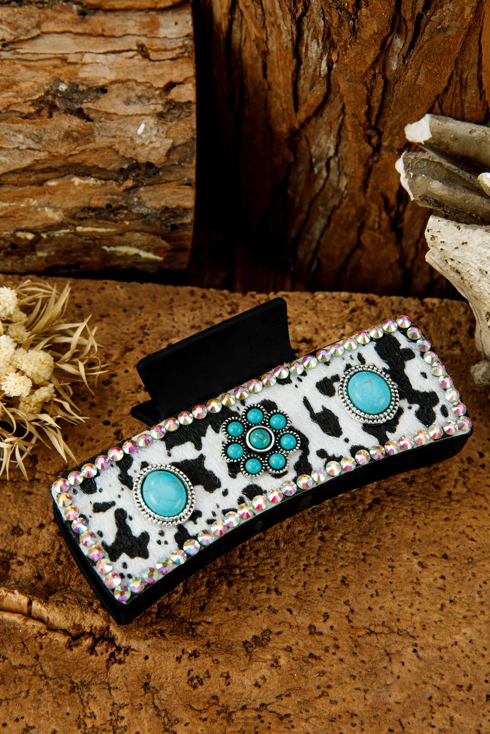 Black Western Cow Spots Faux Fur Patched Rhinestone Turquoise Detail Hair Claw Clip
