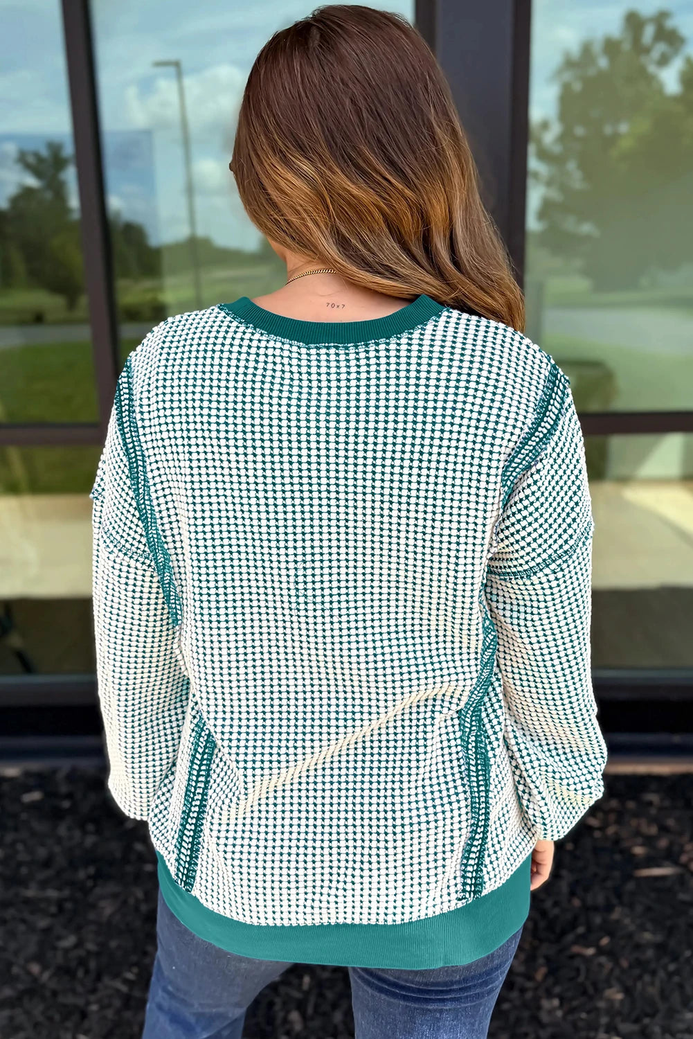 Dark Blue Waffle Knit Exposed Stitching Casual Top with Side Slits