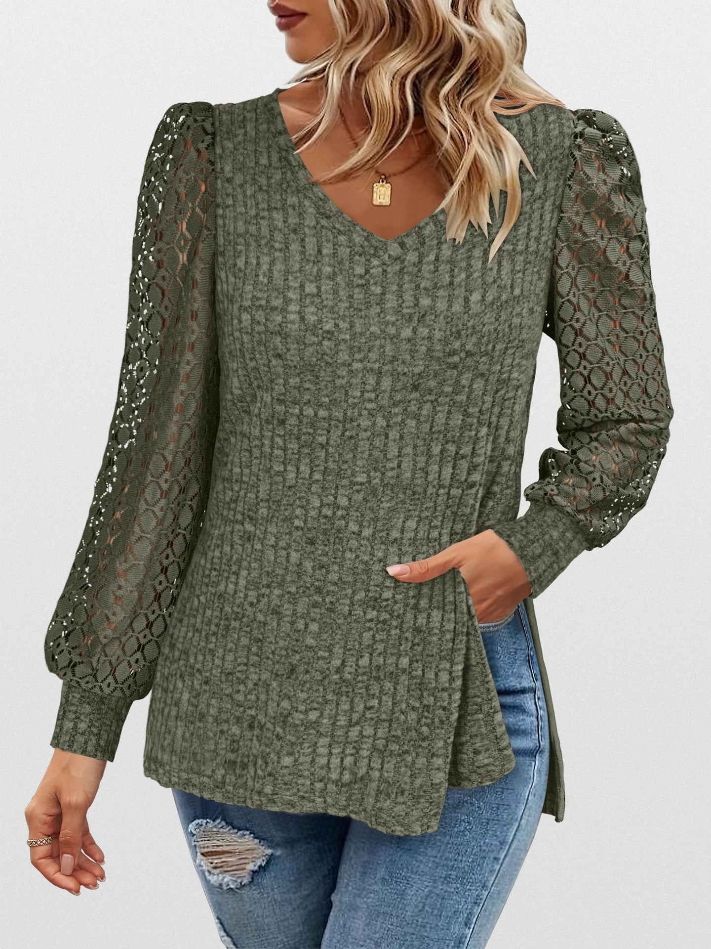 V-Neck Knit Top with Lace Puff Long Sleeves