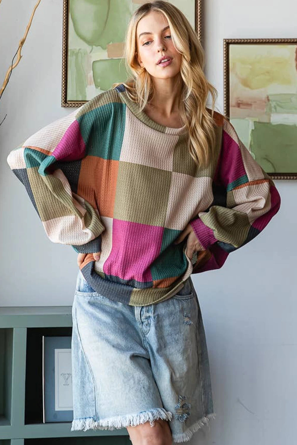 Rose Red Checkered Print Textured Knit Long Sleeve Loose Top