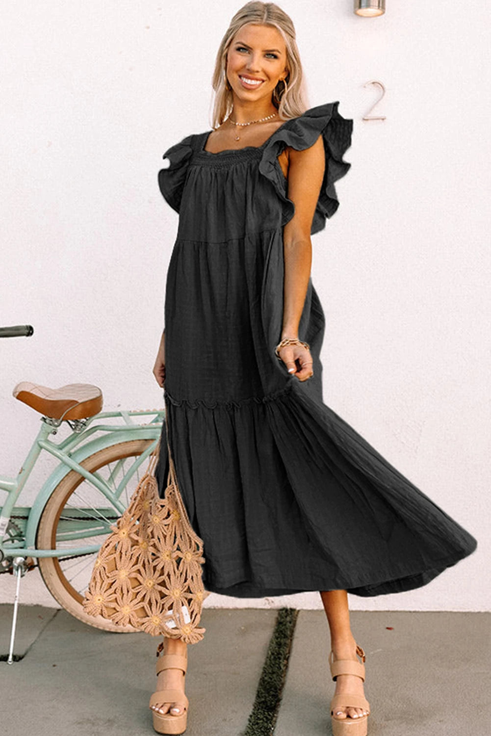 Green Ruffled Flutter Sleeve Square Neck Textured Tiered Maxi Dress