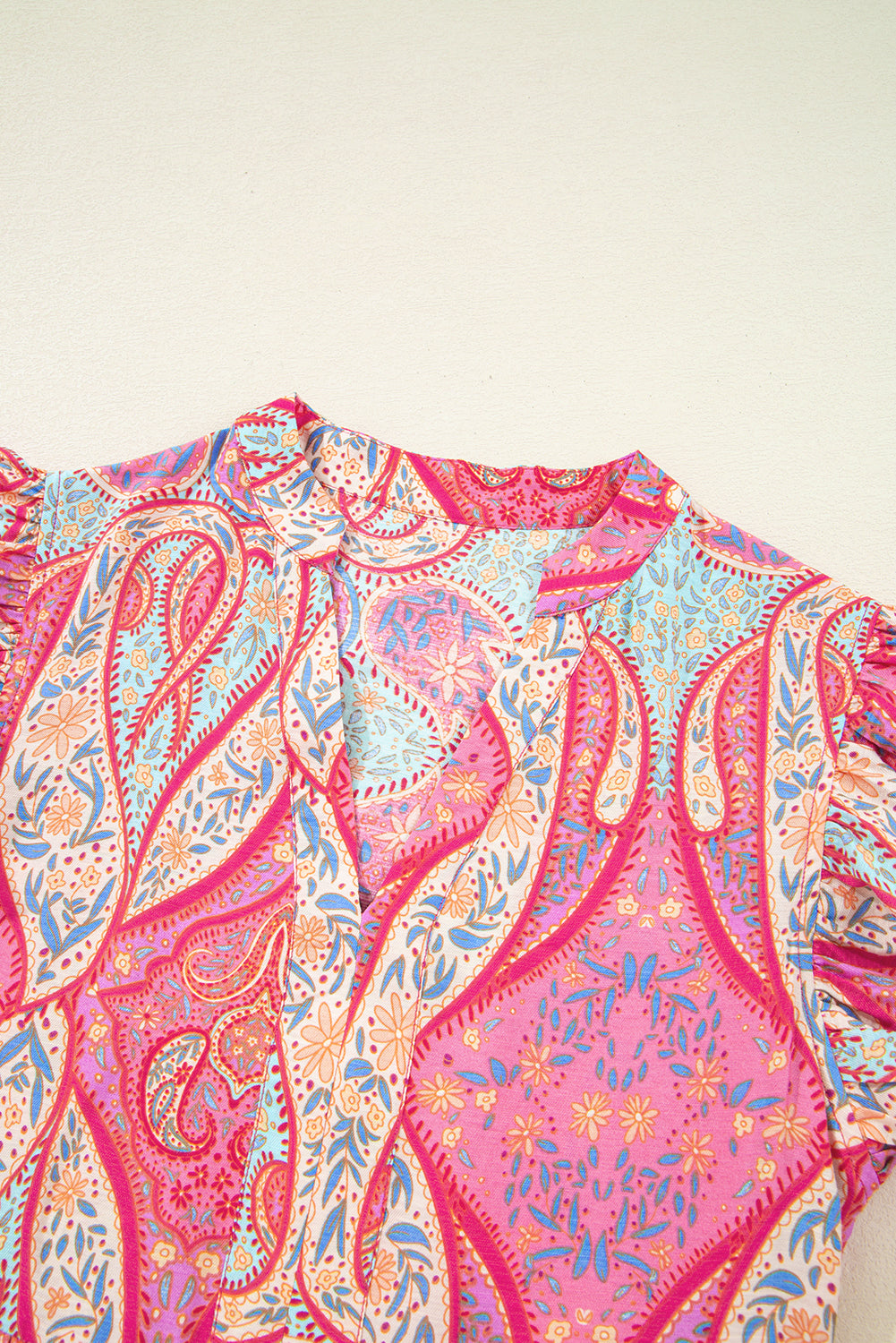 Rose Tribal Paisley Print Ruffled Sleeve Notch Neck Midi Dress