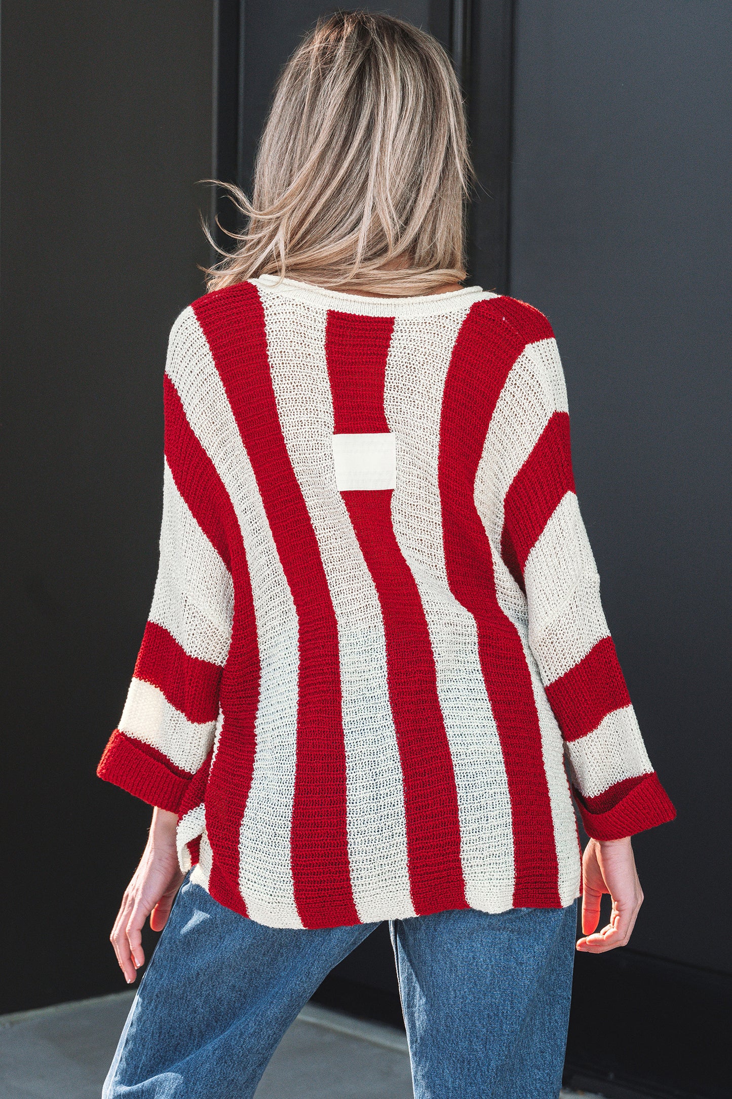 Red Stripe Colorblock V Neck Bracelet Sleeve Sweater