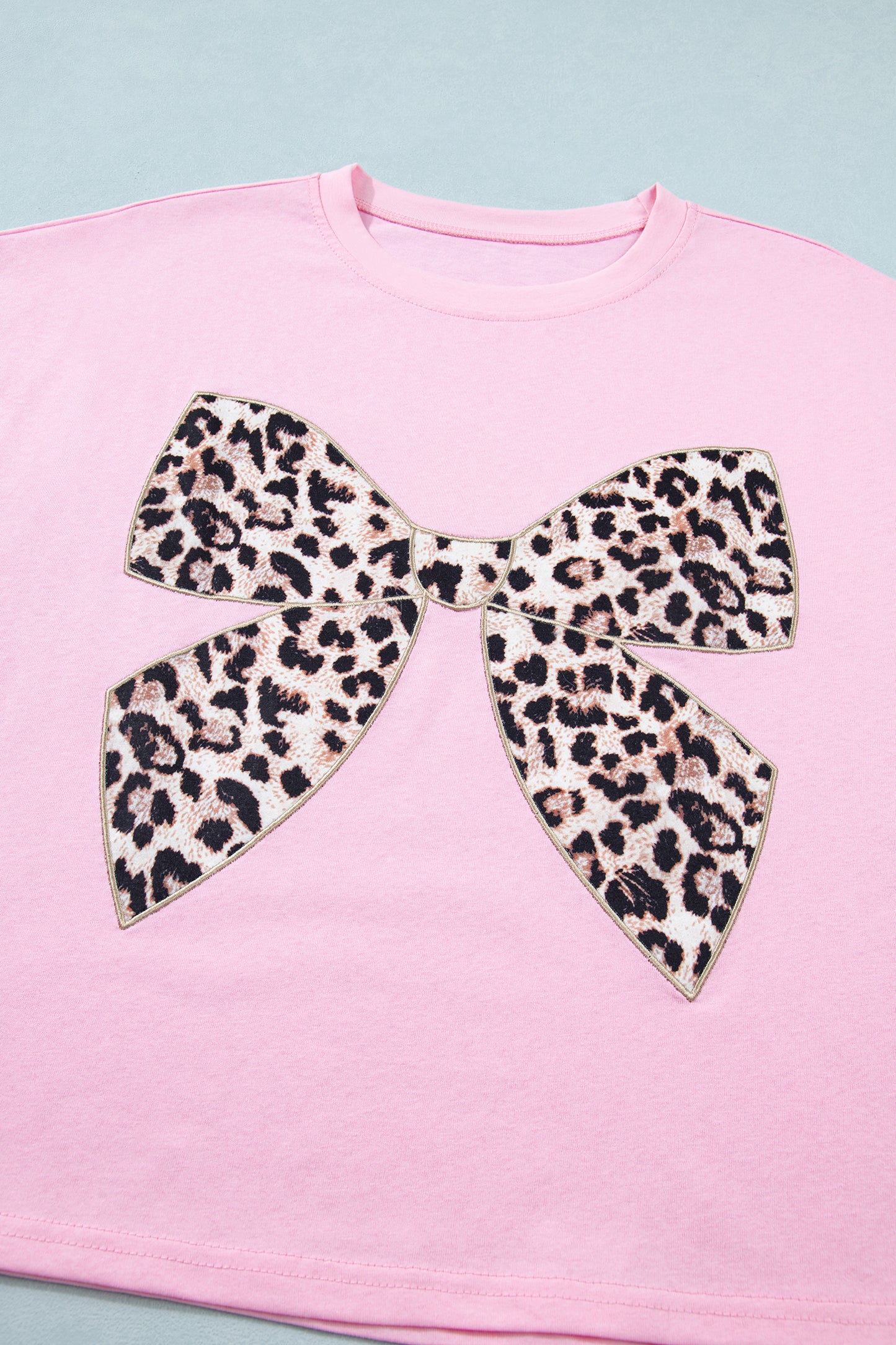 White Leopard Bow Embroidered Cotton Round Neck T Shirt