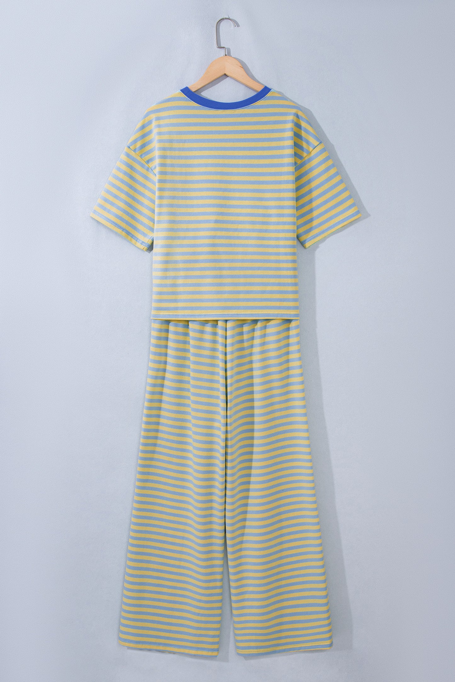 Pink Stripe Colorblock Trim Crew Neck Loose Tee Drawstring Elastic Waist 2pcs Pant Set