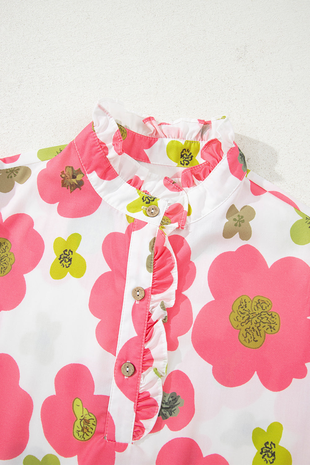 Pink Floral Ruffle Short Sleeve Striped Buttoned Collar Blouse