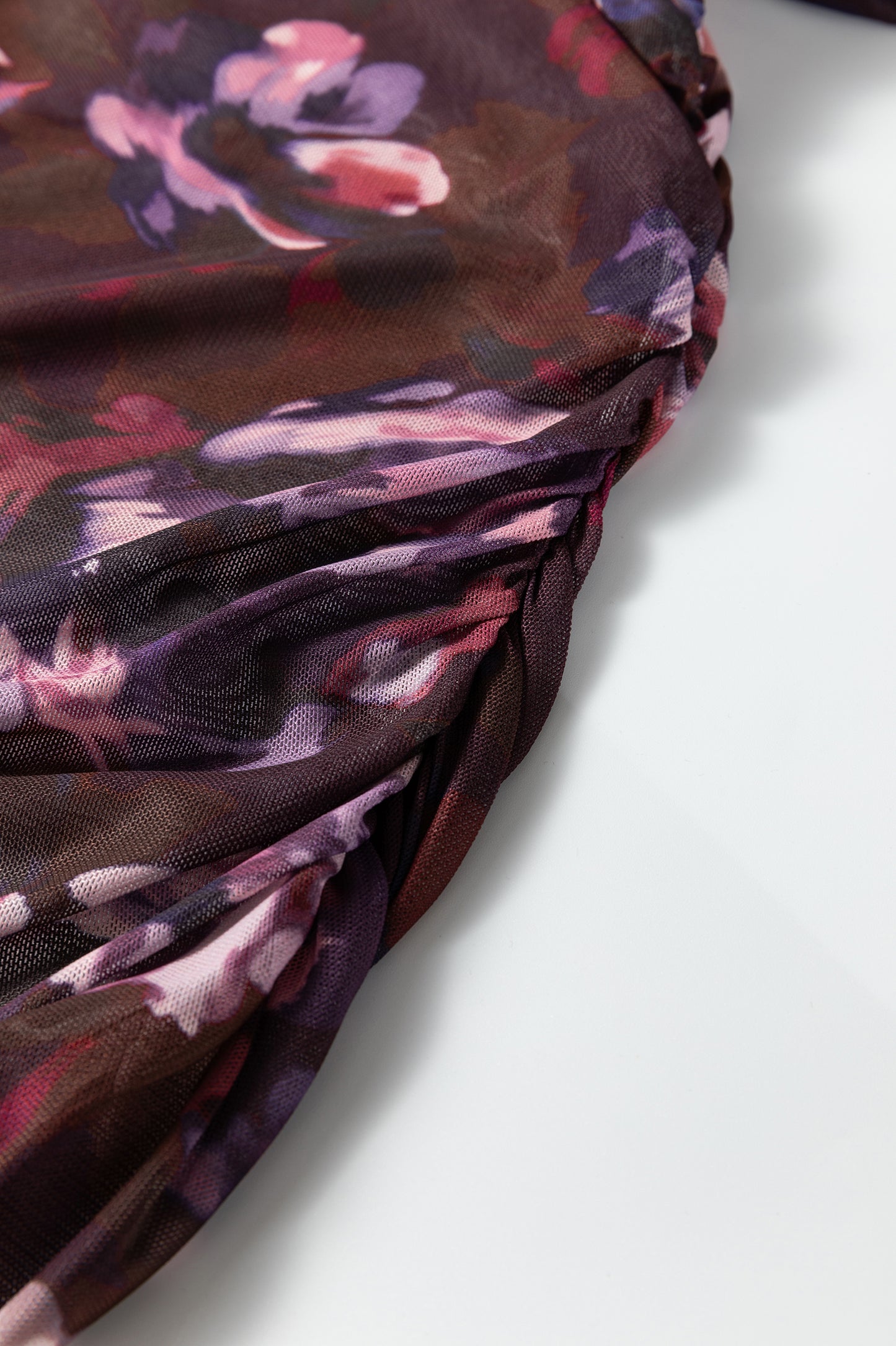 Brown High Neck Ruched Floral Mesh Top