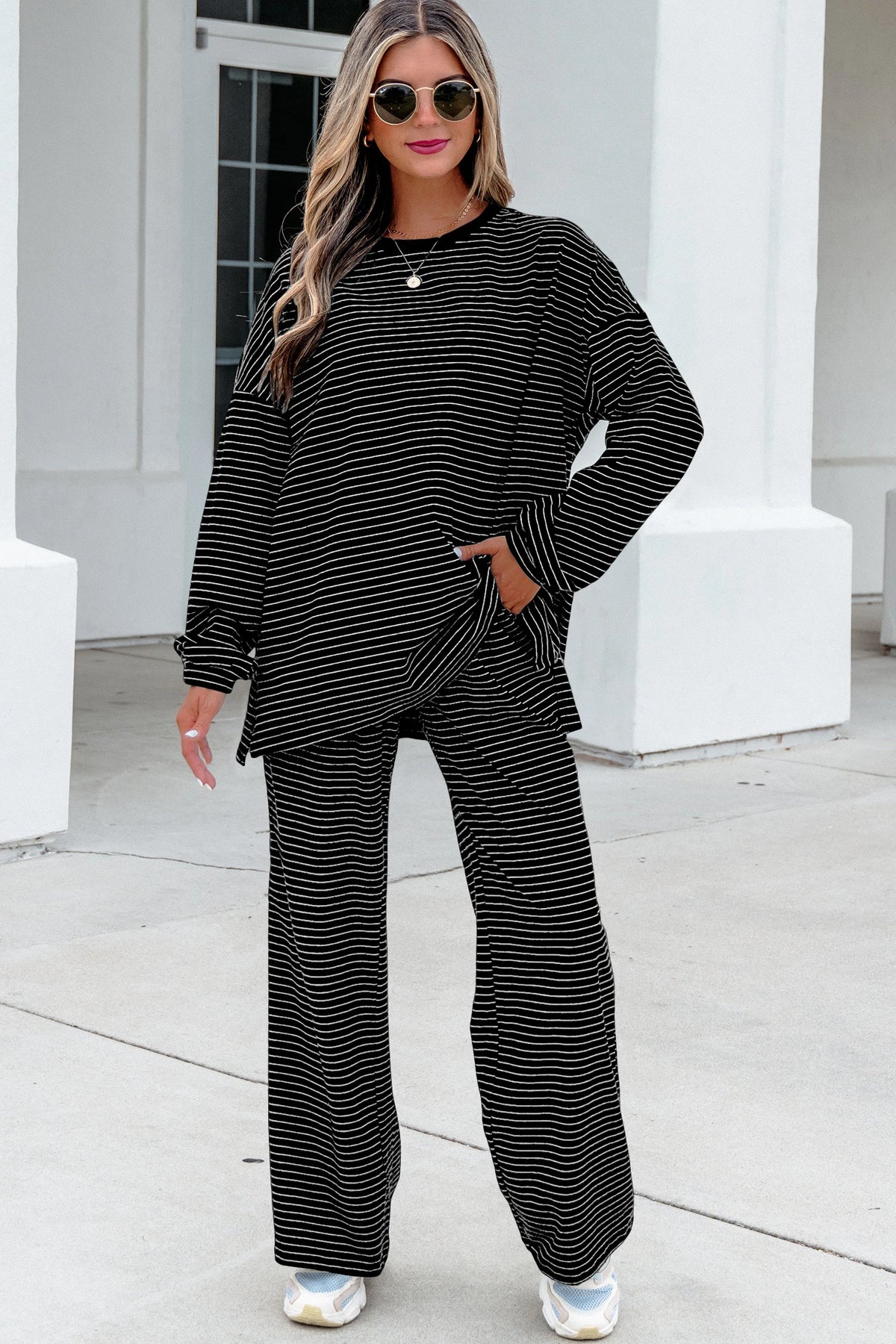 Green Stripe Dropped Shoulder Long Sleeve Top Elastic Waist Pants Casual 2pcs Set
