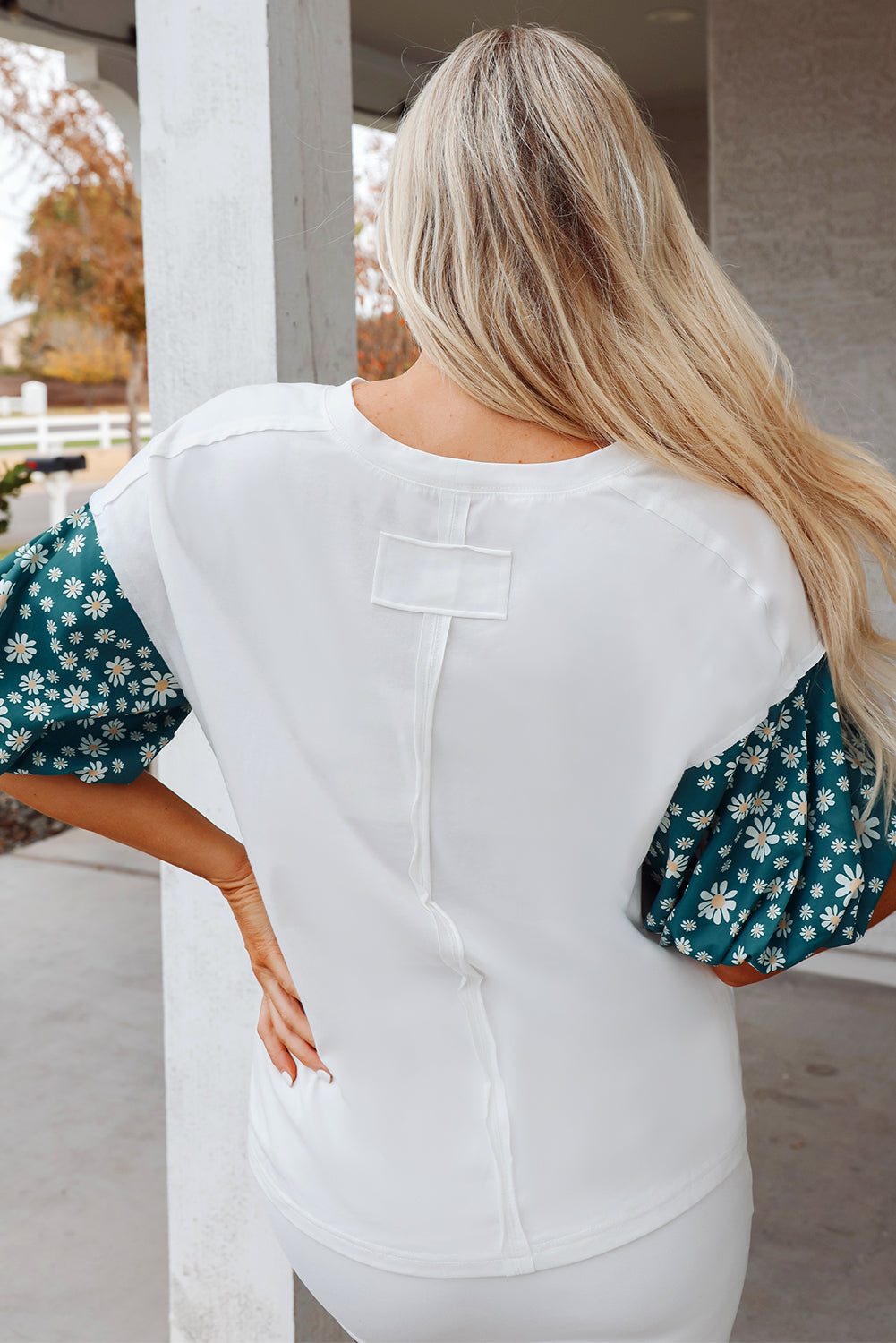 White Contrast Floral Puff Sleeve Oversized Top