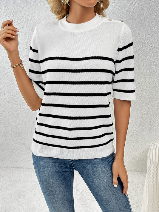 Button Pullover Striped Round Neck Short Sleeve Knit Sweater