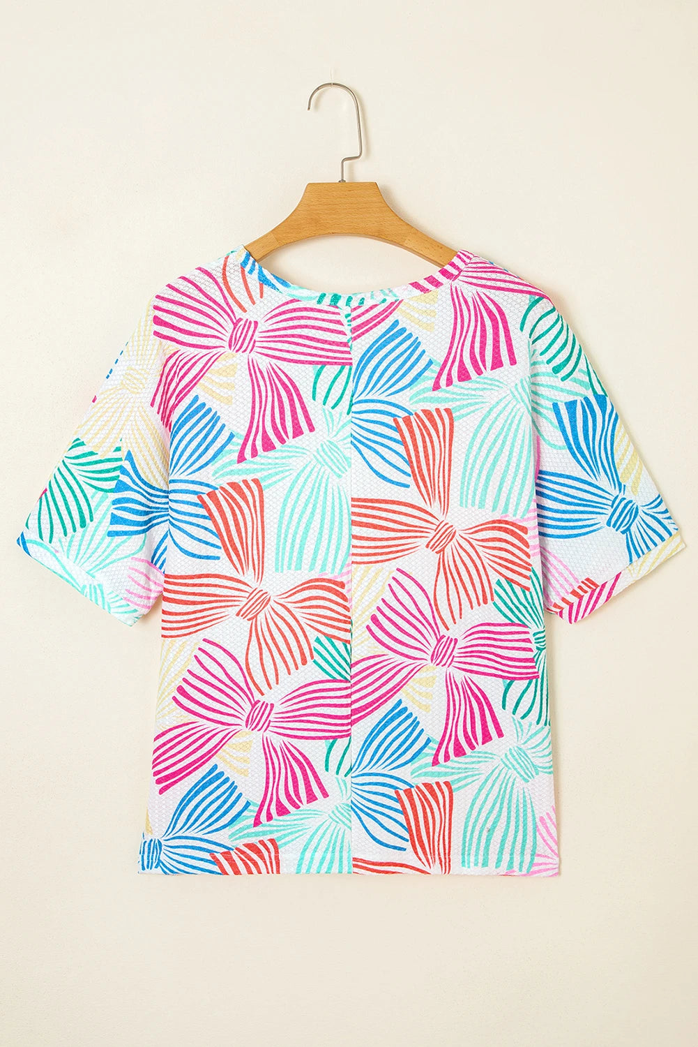 Multicolour Bowknot Printed Waffle Crewneck Loose Short Sleeve Top
