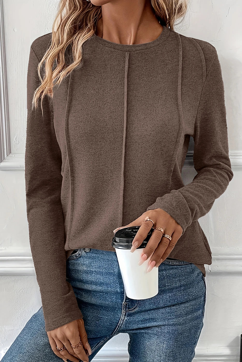 Black Solid Exposed Seam Crew Neck Long Sleeve Top