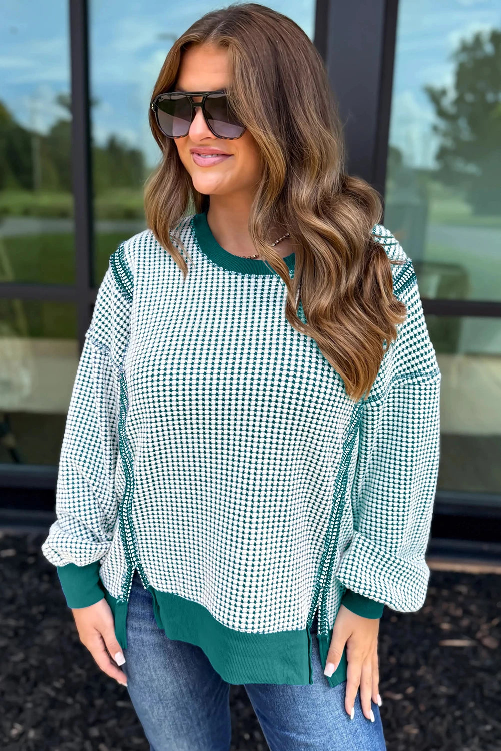 Dark Blue Waffle Knit Exposed Stitching Casual Top with Side Slits