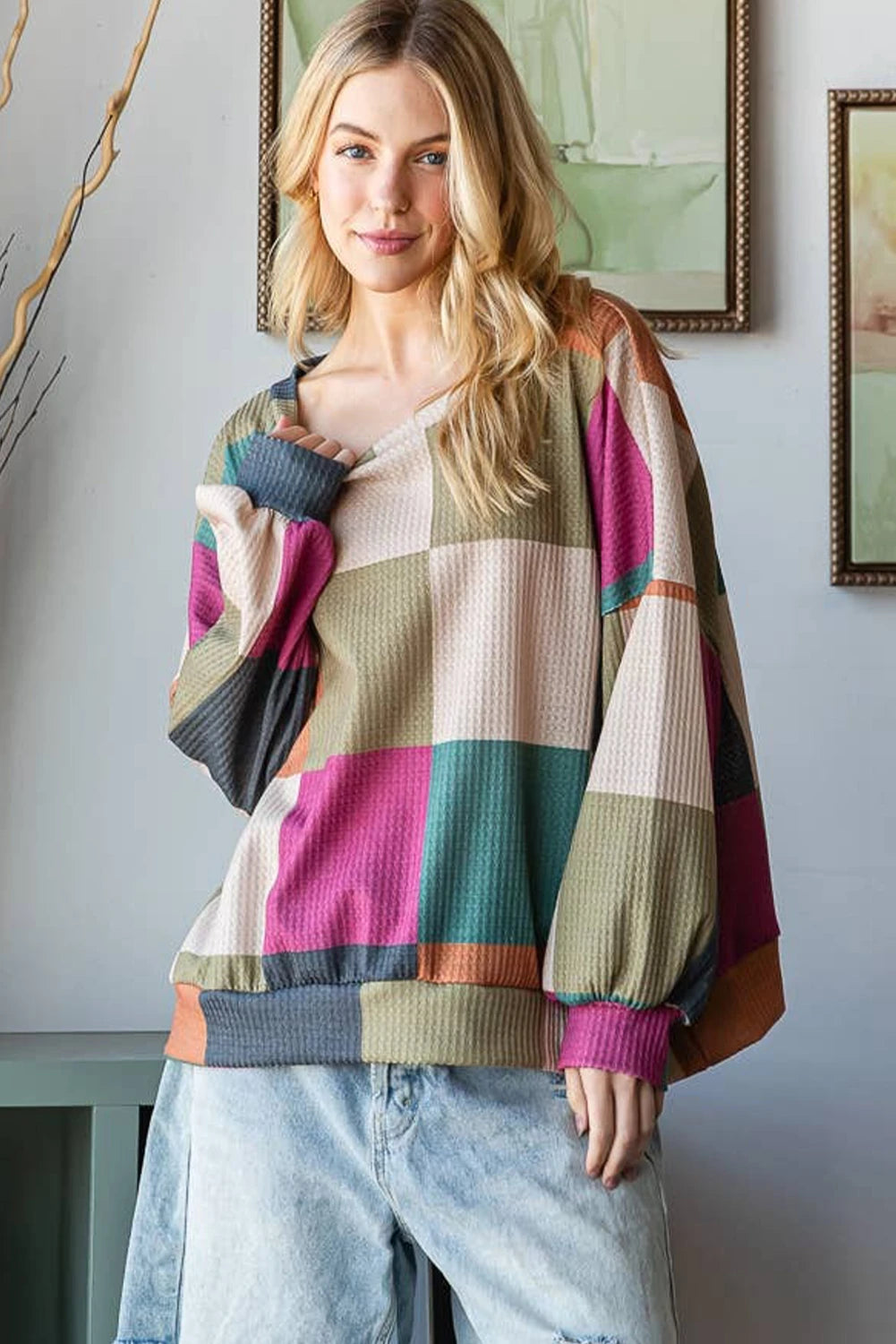 Rose Red Checkered Print Textured Knit Long Sleeve Loose Top