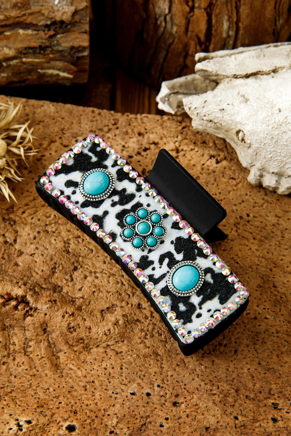 Black Western Cow Spots Faux Fur Patched Rhinestone Turquoise Detail Hair Claw Clip