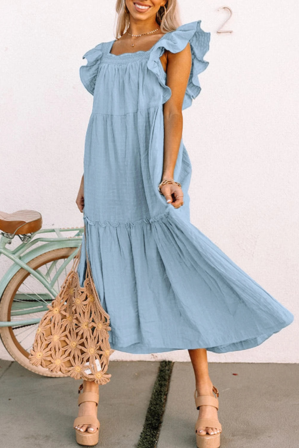Green Ruffled Flutter Sleeve Square Neck Textured Tiered Maxi Dress