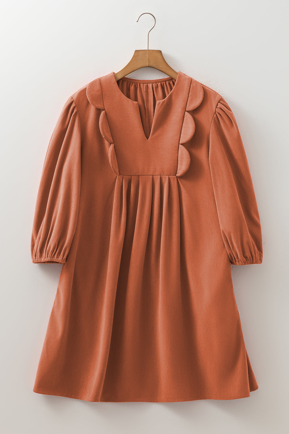 Cinnamon Bracelet Sleeve Split Neck Scallop Detail Pleated Corduroy Mini Dress