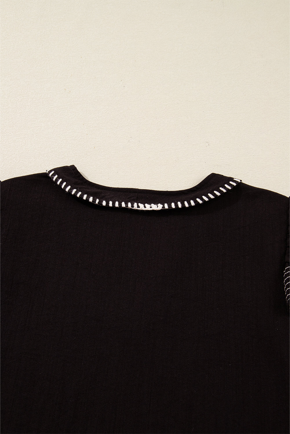 Contrast Stitched Detail V Neck Ruffle Long Sleeve Blouse