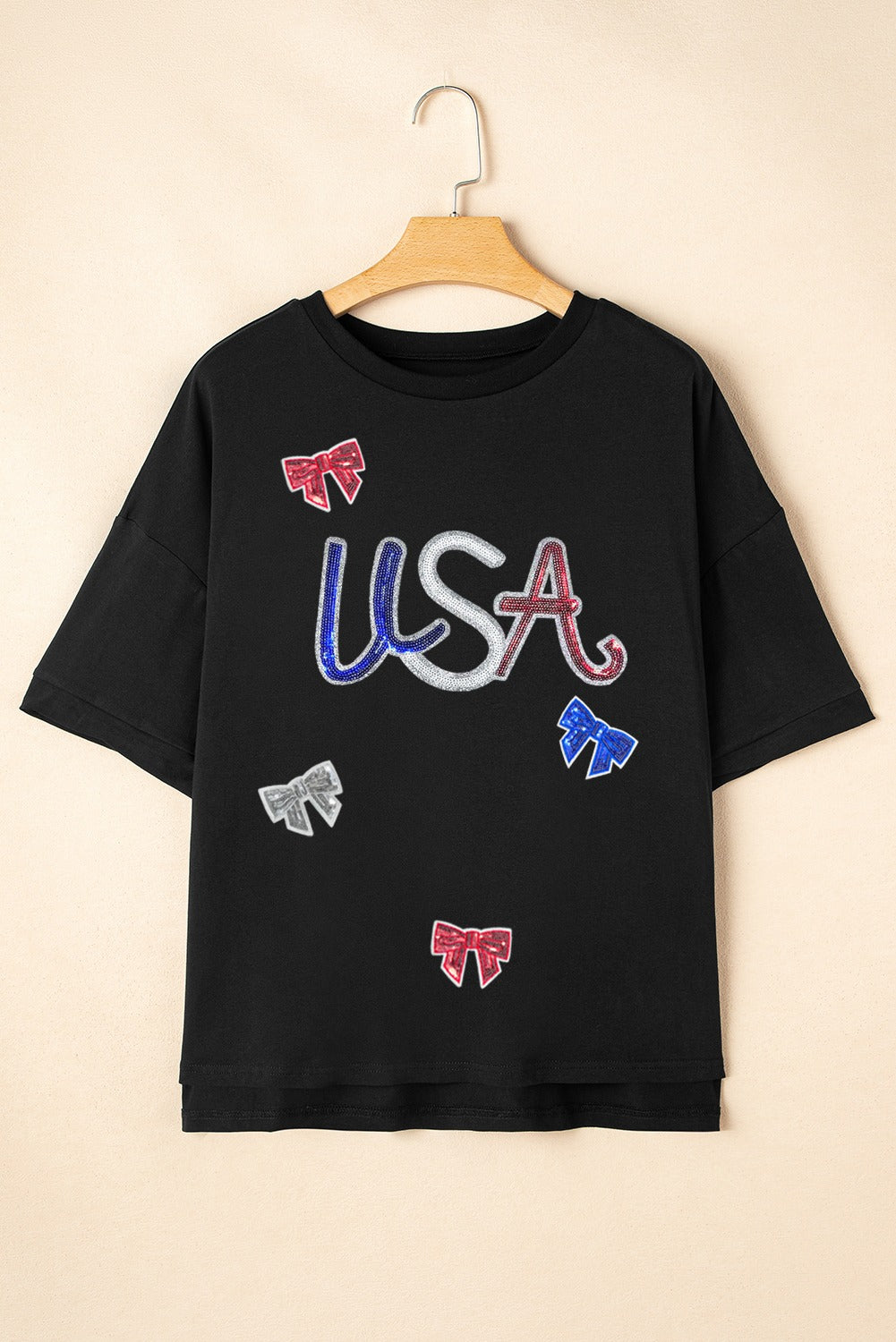 Black Sequin USA Bow Graphic Independence Day T Shirt