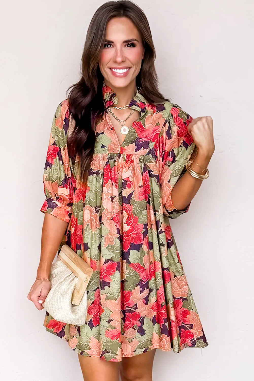 Green Floral Print Frilled Collar V Neck Half Sleeve Mini Dress