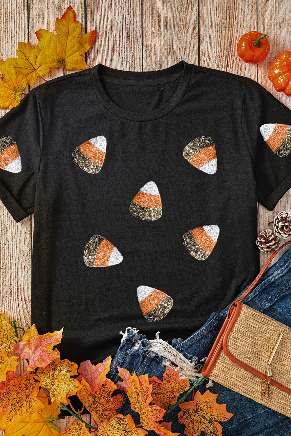Black Sequin Candy Patched Pattern Halloween T Shirt