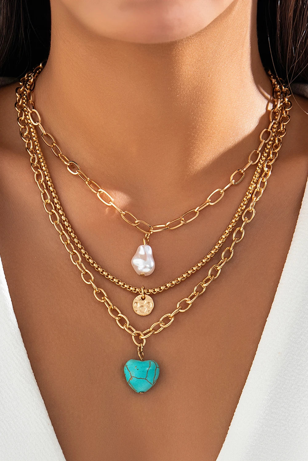 Gold Plated Baroque Pearl Turquoise Heart 3pcs Necklace Set