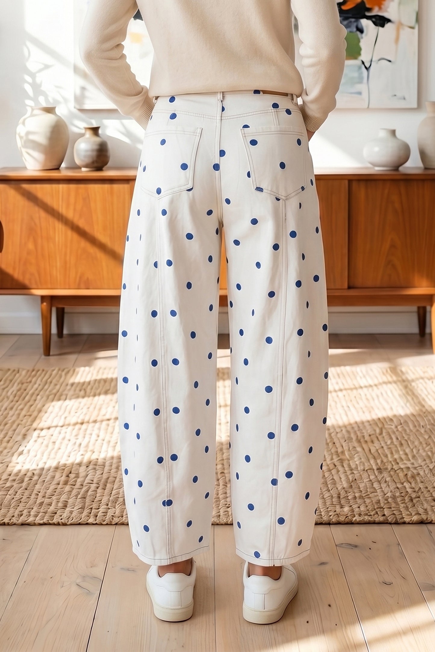 Polka Dot Cotton Jeans Casual High Waist Wide Leg