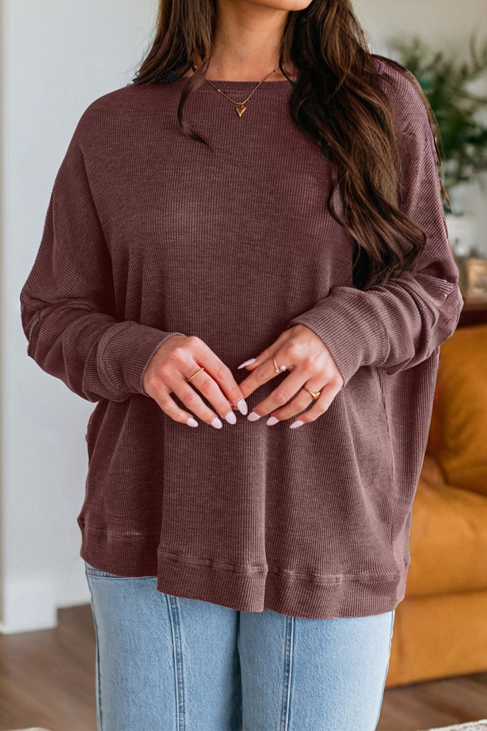 Dark Grey Waffle Knit Patchwork Long Sleeve Loose Top
