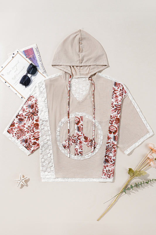 Floral Peace Sign Graphic Lace Patch Ribbed Plus Size Hooded Top