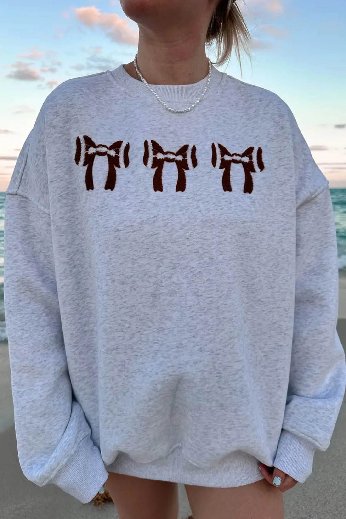 Chenille Embroidered Rugby Bow Game Day Oversized Sweatshirt