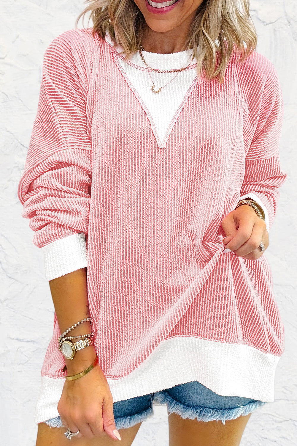 Blossom Corded Colorblock Drop Shoulder Loose Top