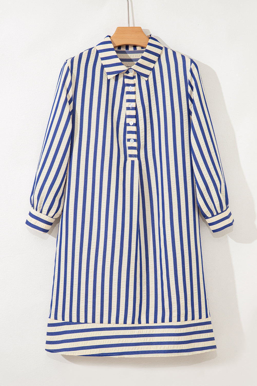 Blue Stripe Collared Half Button Side Pockets Loose Fit Mini Dress