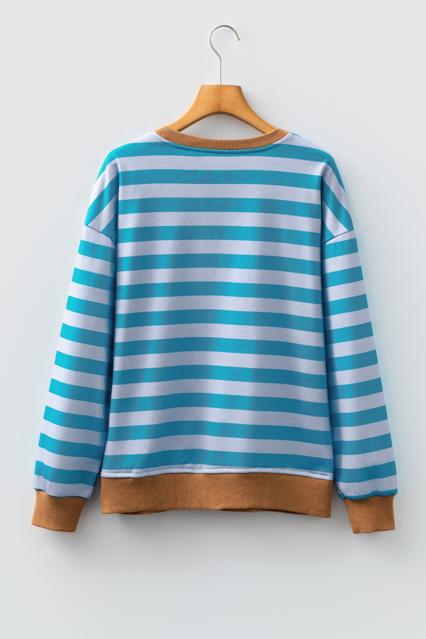 Sky Blue Stripe Contrast Color Ribbed Trim Round Neck Drop Shoulder Sweatshirt