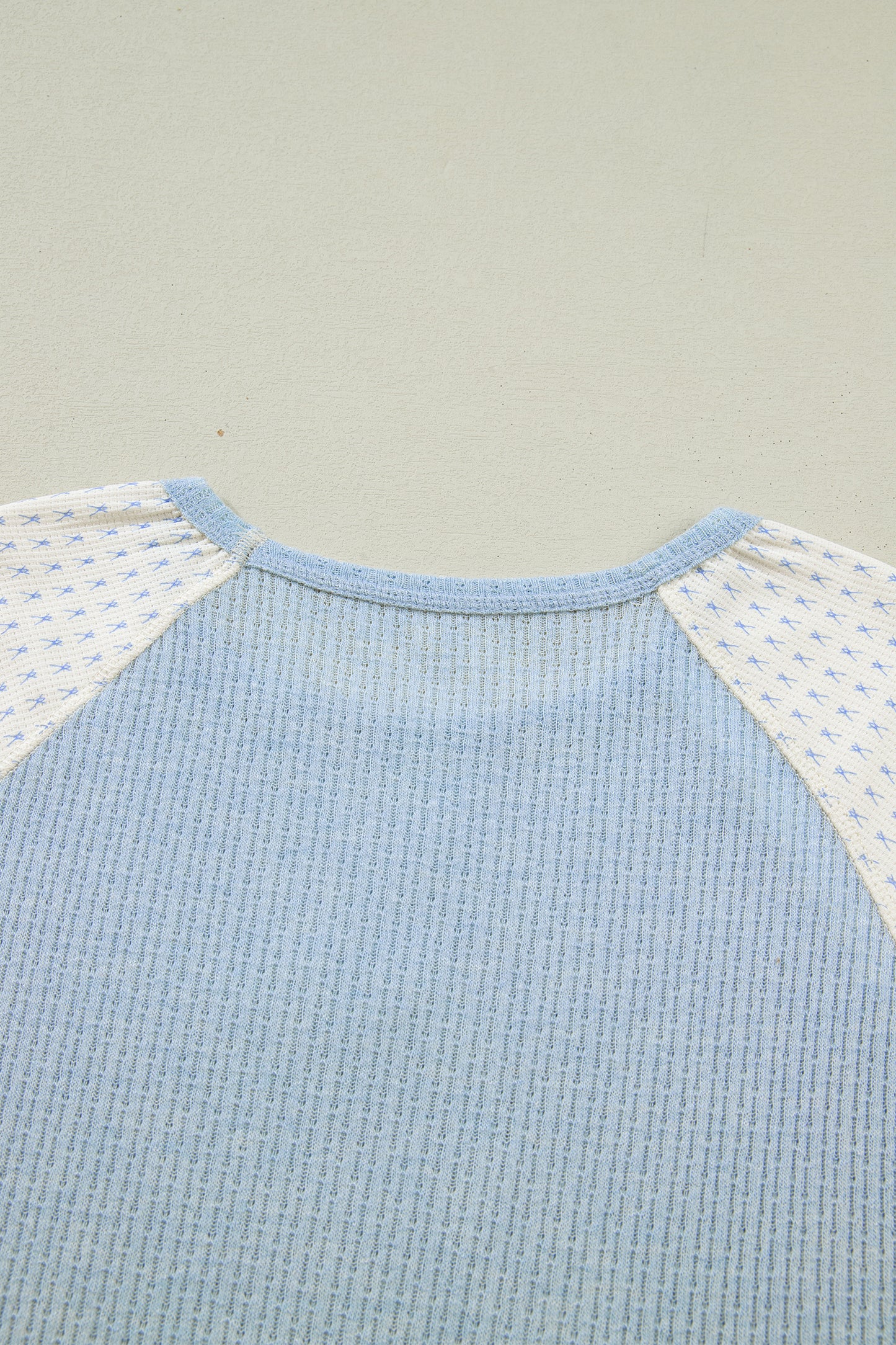 Beau Blue Textured Knit Color Block Floral Patchwork Long Sleeve Top