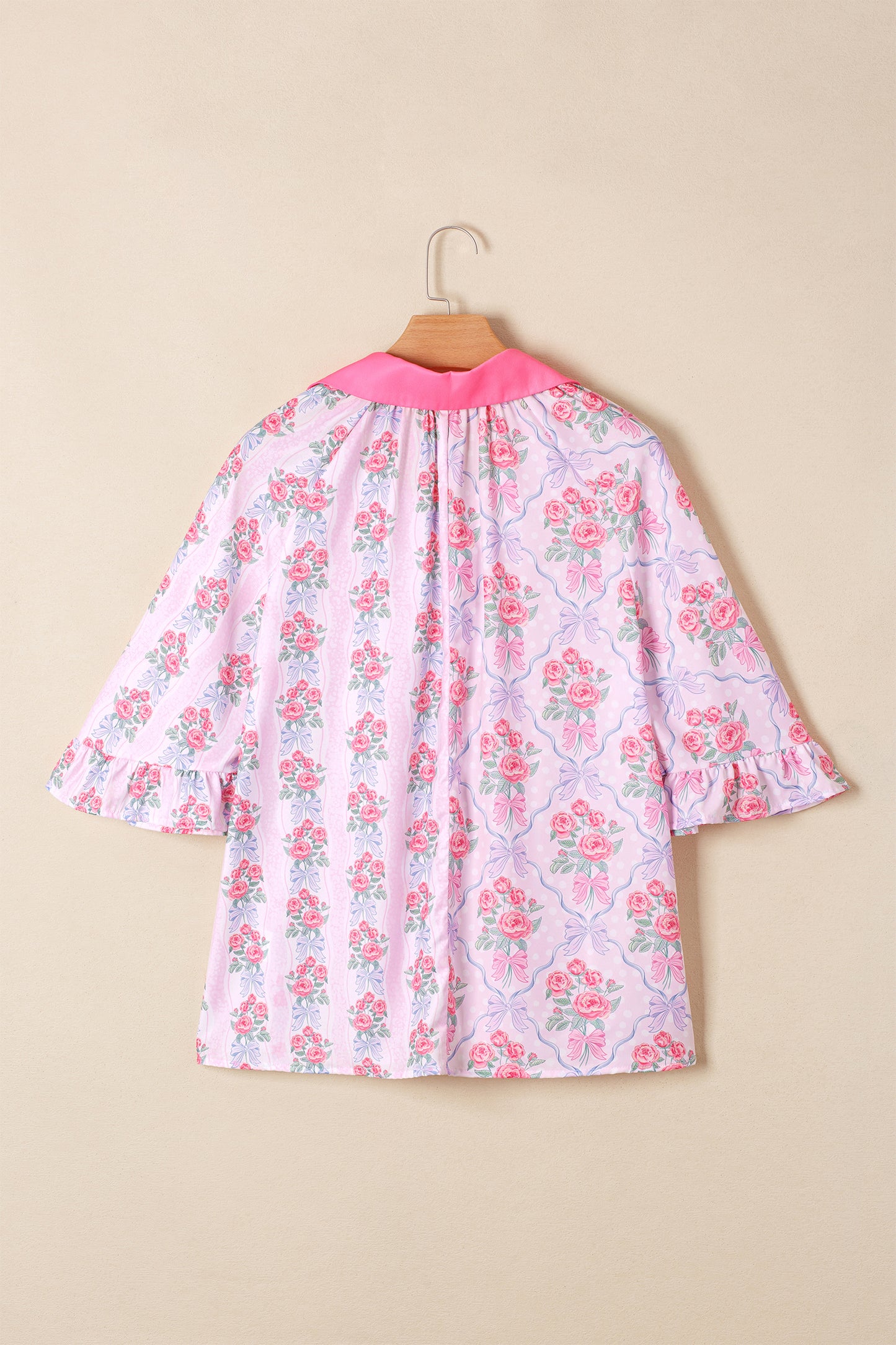 Purple Floral Collared Ruffled Half Sleeve Shirt