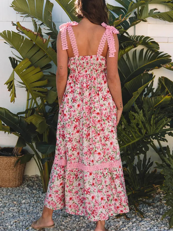 Green Floral Lace Tied Strap Empire Waist Maxi Dress