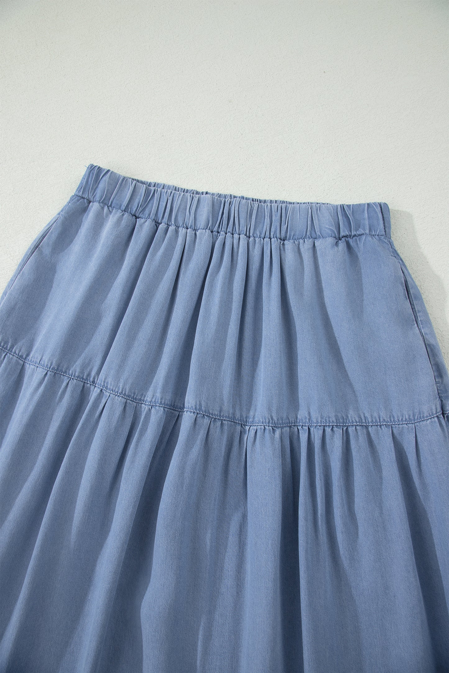 Beau Blue Elastic Waist Ruffled Tiered Flared Denim Maxi Skirt