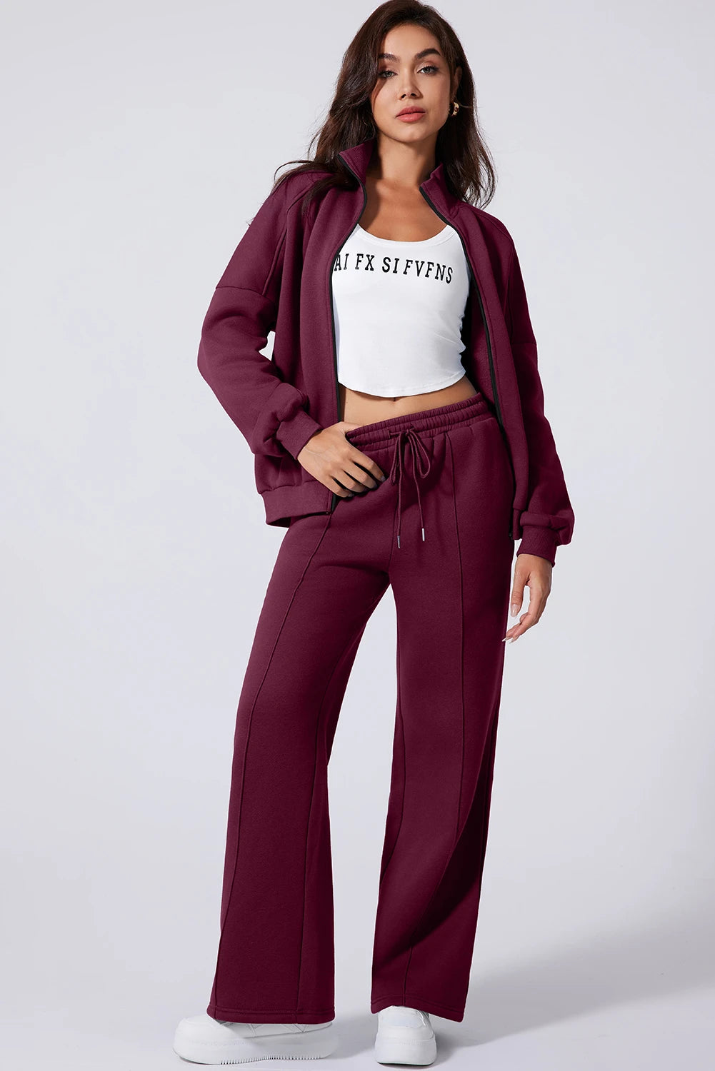 Black Drop Shoulder Zip Up Jacket Drawstring Pants Active 2pcs Set