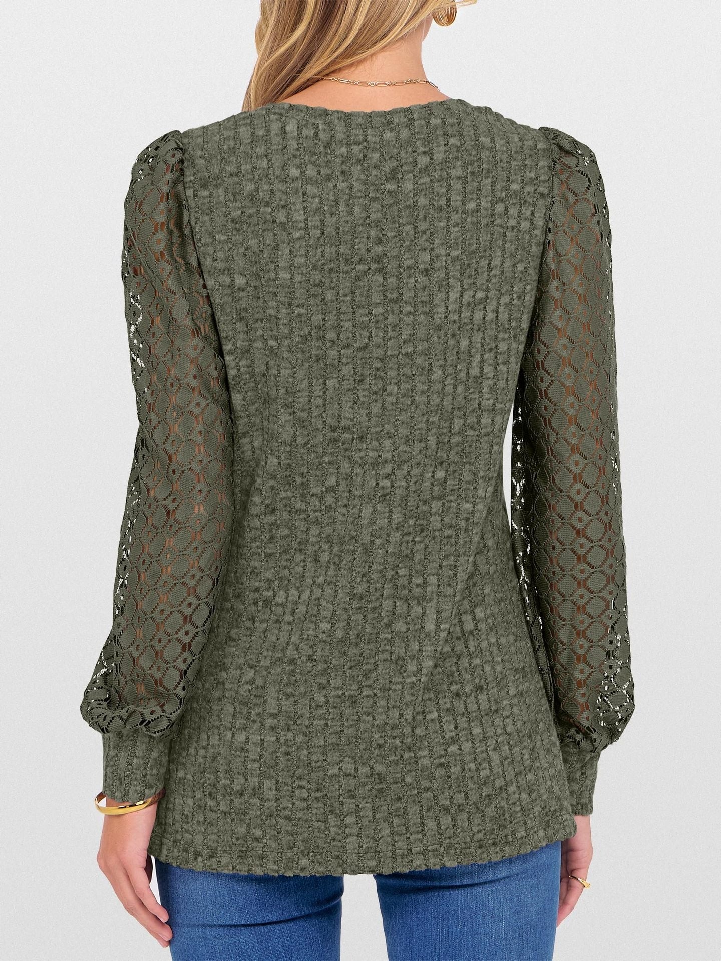 V-Neck Knit Top with Lace Puff Long Sleeves