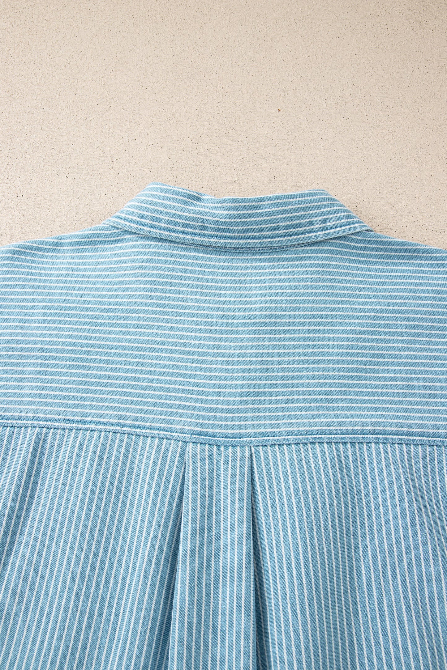 Sky Blue Stripe Cuffed Short Sleeve Button up Loose Shirt