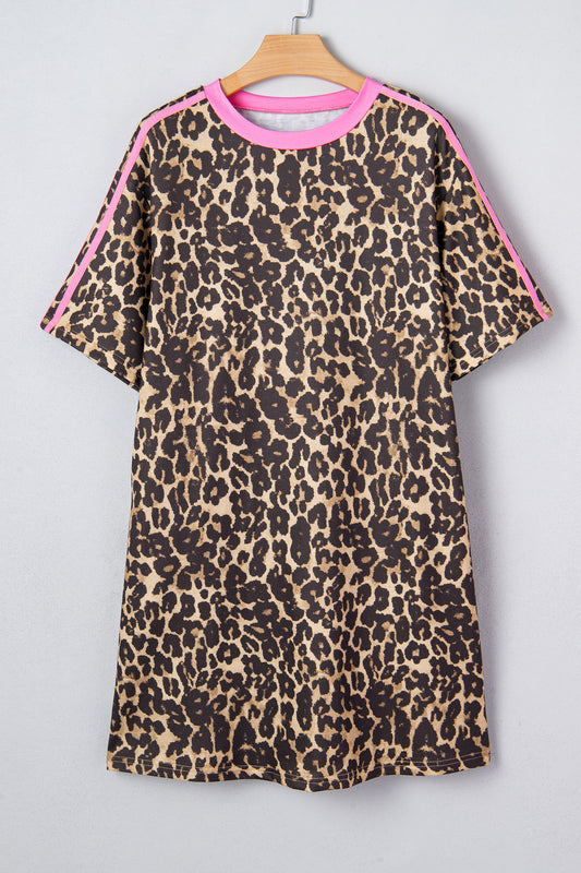 Apricot Leopard Print Contrast Varsity Striped Detail Loose T Shirt Dress