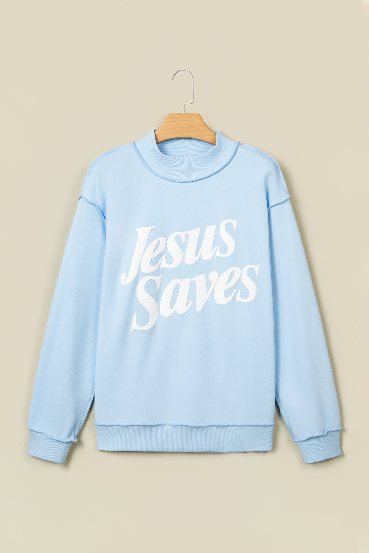 Mist Blue Jesus Saves Slogan Print Stand Neck Baggy Sweatshirt