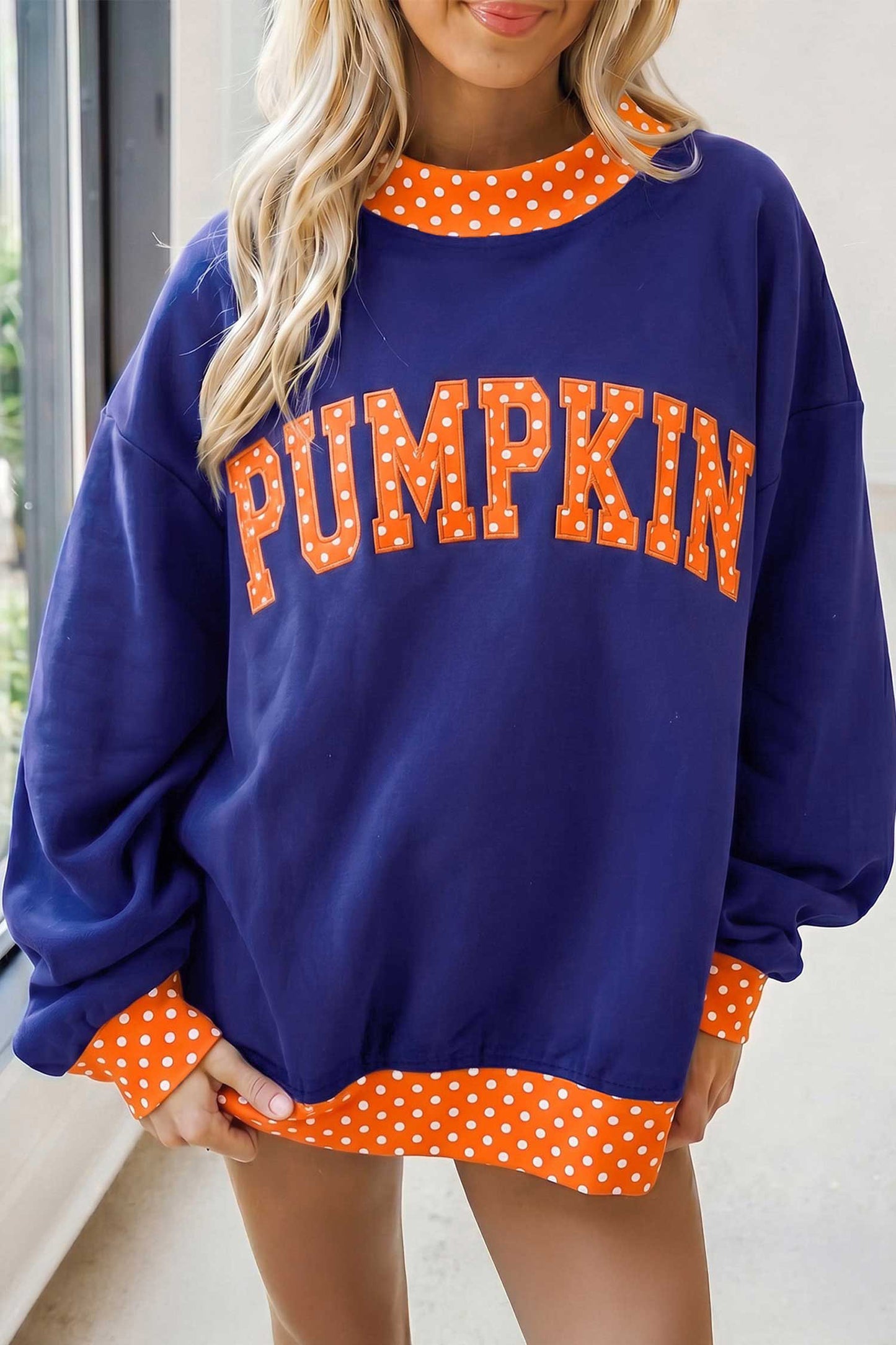 Tomato Red Polka Dot Letter Print Contrast Trim Mock Neck Sweatshirt