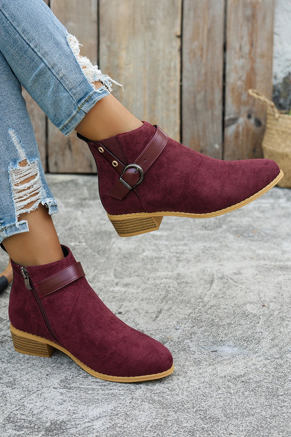 Burgundy Faux Suede Leather Strap Patchwork Buckle Side Zip Ankle Boots