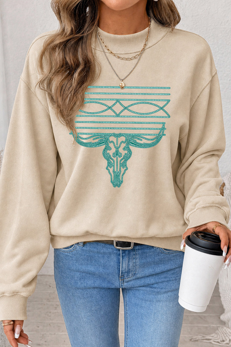 Western Bull Skull Graphic Mock Neck Sweatshirt